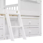 Full Size House Loft Bed with Roof, Windows, 4 Drawers and Guardrails for Children