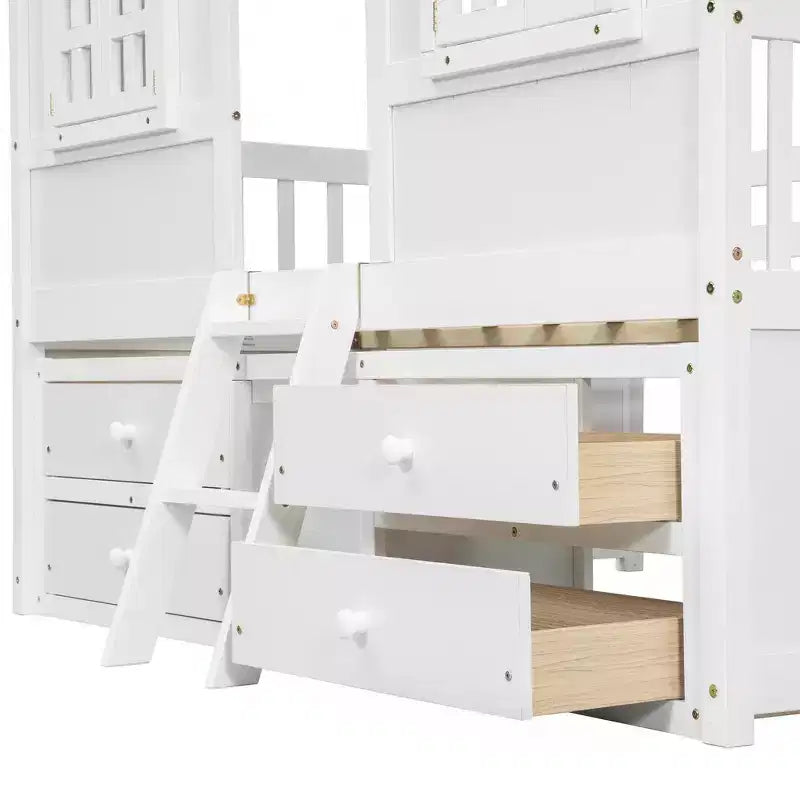 Full Size House Loft Bed with Roof, Windows, 4 Drawers and Guardrails for Children