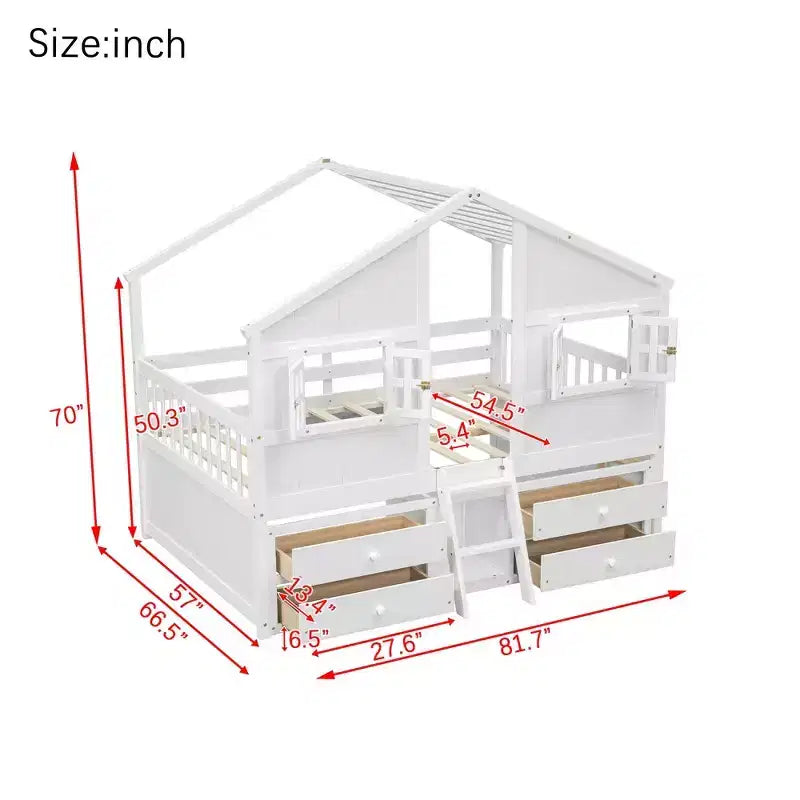 Full Size House Loft Bed with Roof, Windows, 4 Drawers and Guardrails for Children