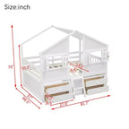 Full Size House Loft Bed with Roof, Windows, 4 Drawers and Guardrails for Children