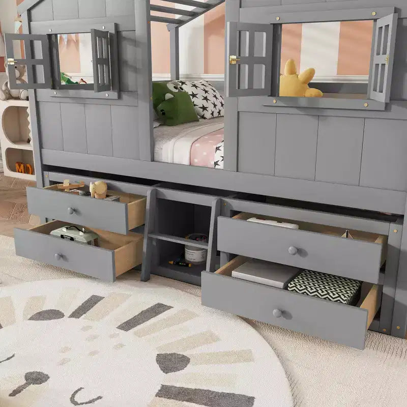 Full Size House Loft Bed with Roof, Windows, 4 Drawers and Guardrails for Children