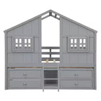 Full Size House Loft Bed with Roof, Windows, 4 Drawers and Guardrails for Children