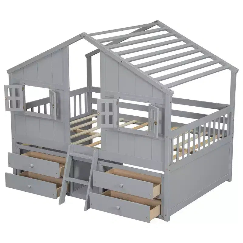 Full Size House Loft Bed with Roof, Windows, 4 Drawers and Guardrails for Children