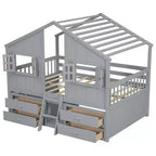 Full Size House Loft Bed with Roof, Windows, 4 Drawers and Guardrails for Children