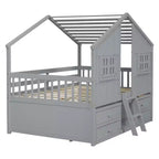 Full Size House Loft Bed with Roof, Windows, 4 Drawers and Guardrails for Children