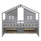 Full Size House Loft Bed with Roof, Windows, 4 Drawers and Guardrails for Children