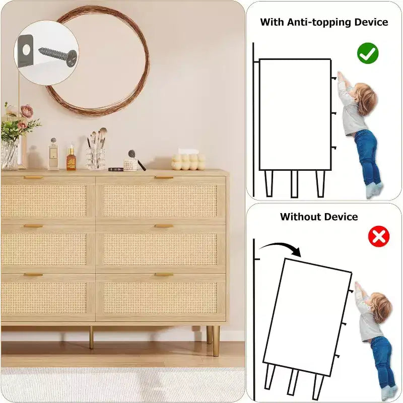 6-Drawer Rattan Dresser with Gold Handles and Metal Legs