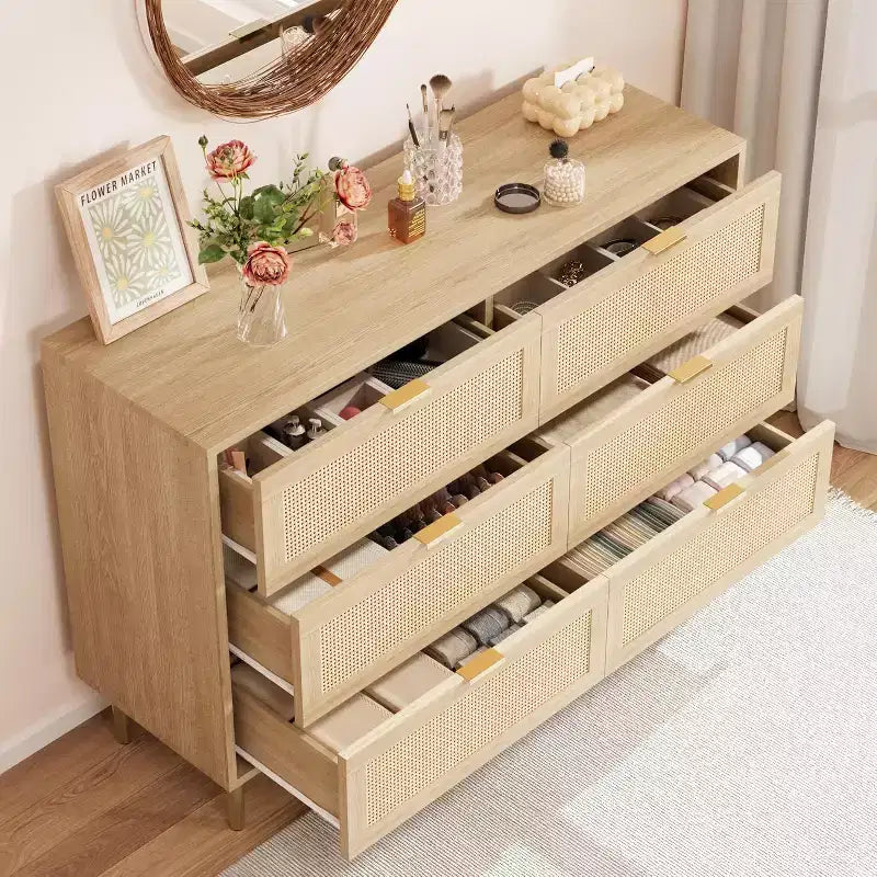 6-Drawer Rattan Dresser with Gold Handles and Metal Legs