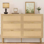 6-Drawer Rattan Dresser with Gold Handles and Metal Legs