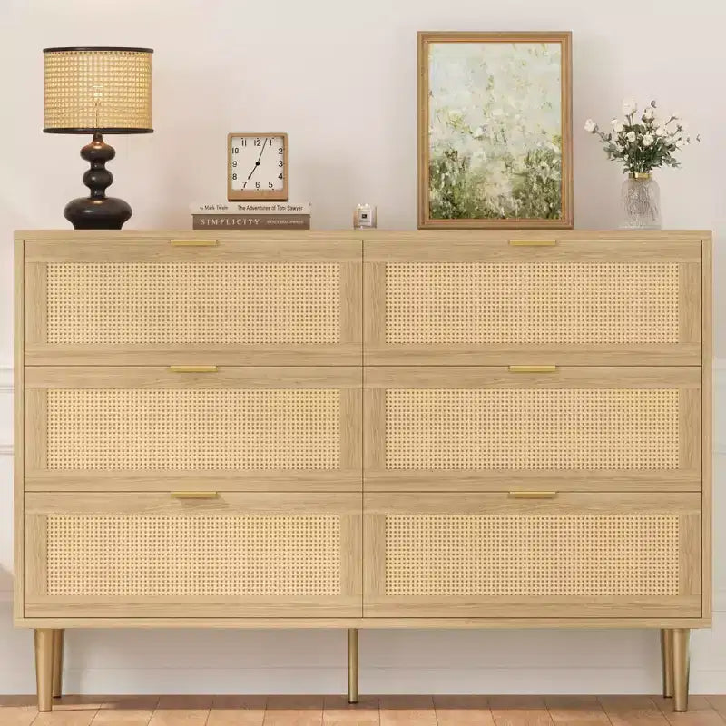 6-Drawer Rattan Dresser with Gold Handles and Metal Legs
