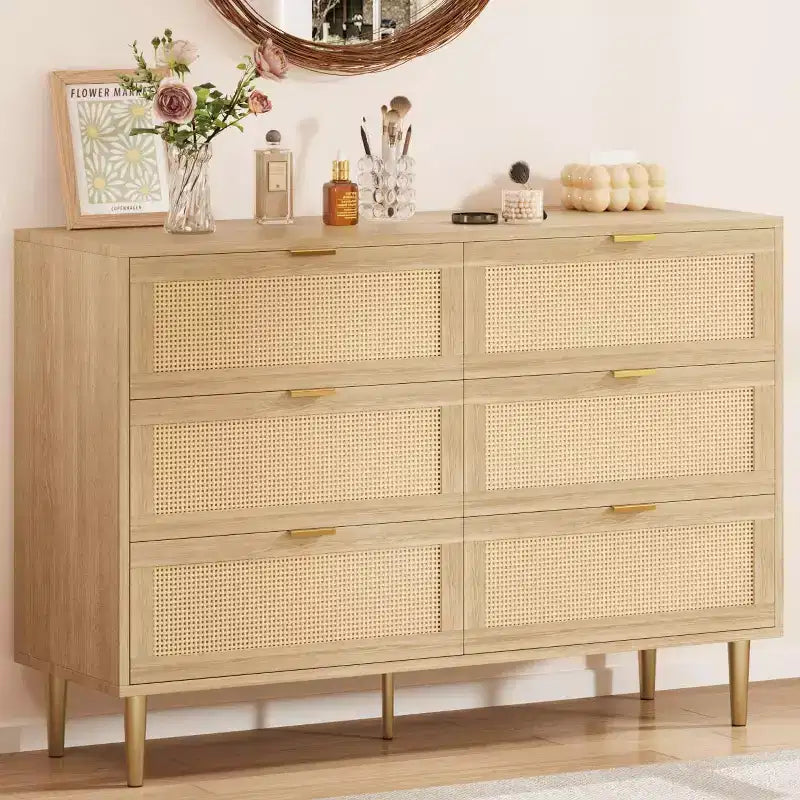 6-Drawer Rattan Dresser with Gold Handles and Metal Legs