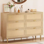 6-Drawer Rattan Dresser with Gold Handles and Metal Legs