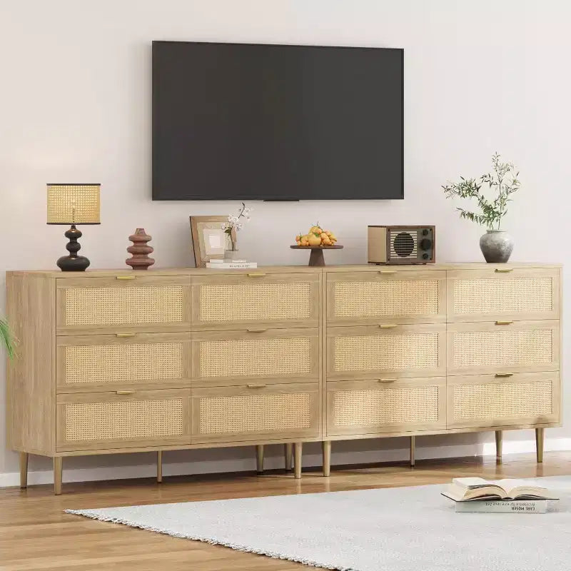 6-Drawer Rattan Dresser with Gold Handles and Metal Legs