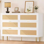6-Drawer Rattan Dresser with Gold Handles and Metal Legs