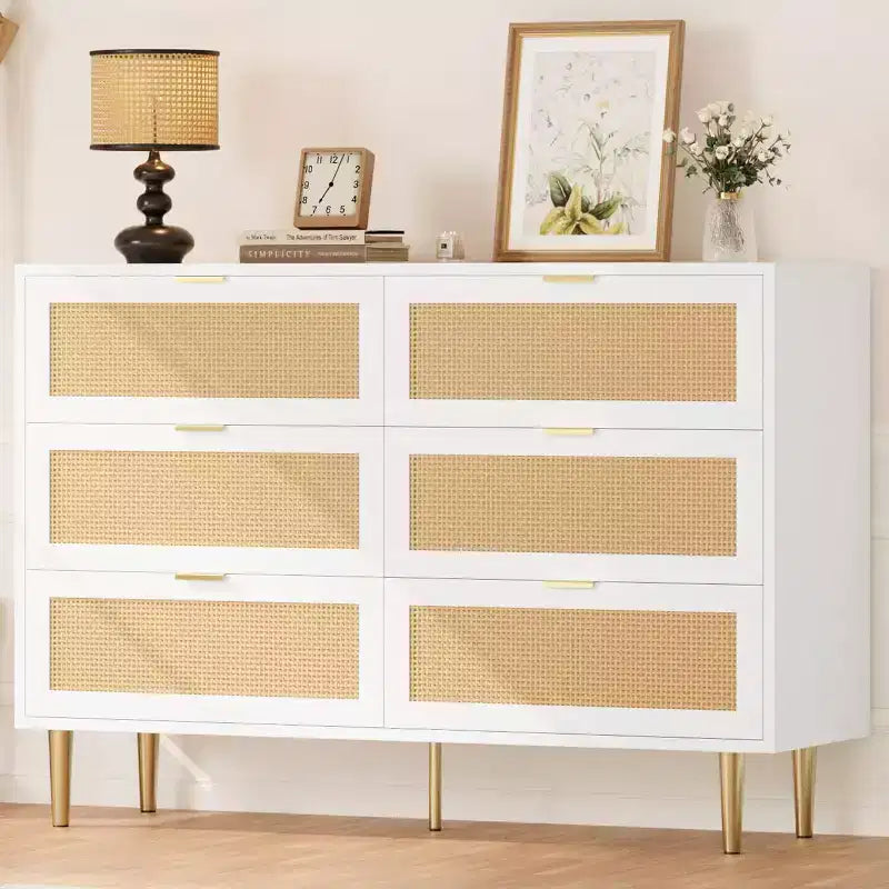6-Drawer Rattan Dresser with Gold Handles and Metal Legs