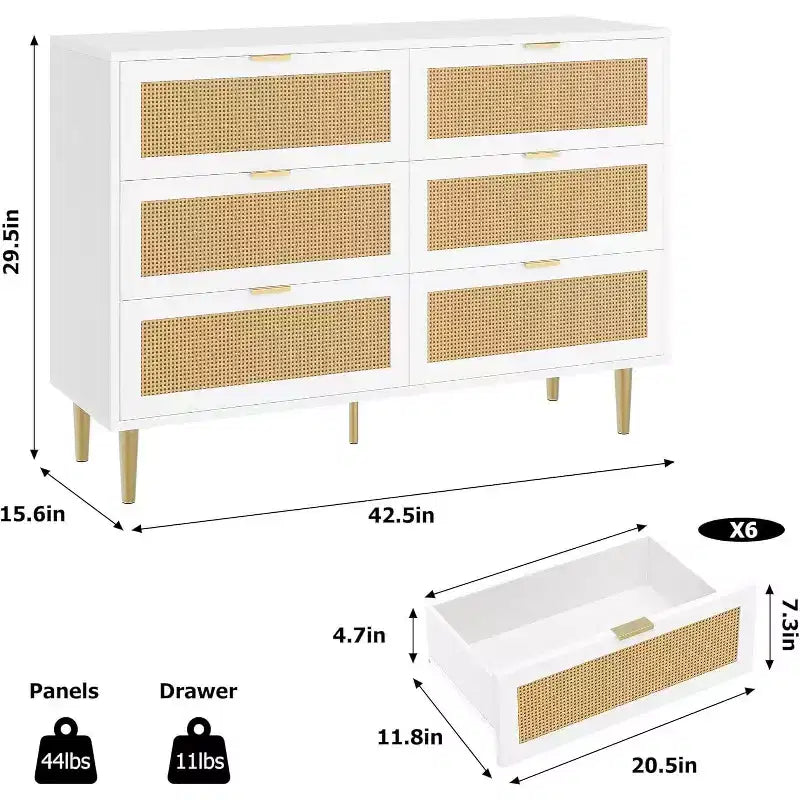 6-Drawer Rattan Dresser with Gold Handles and Metal Legs