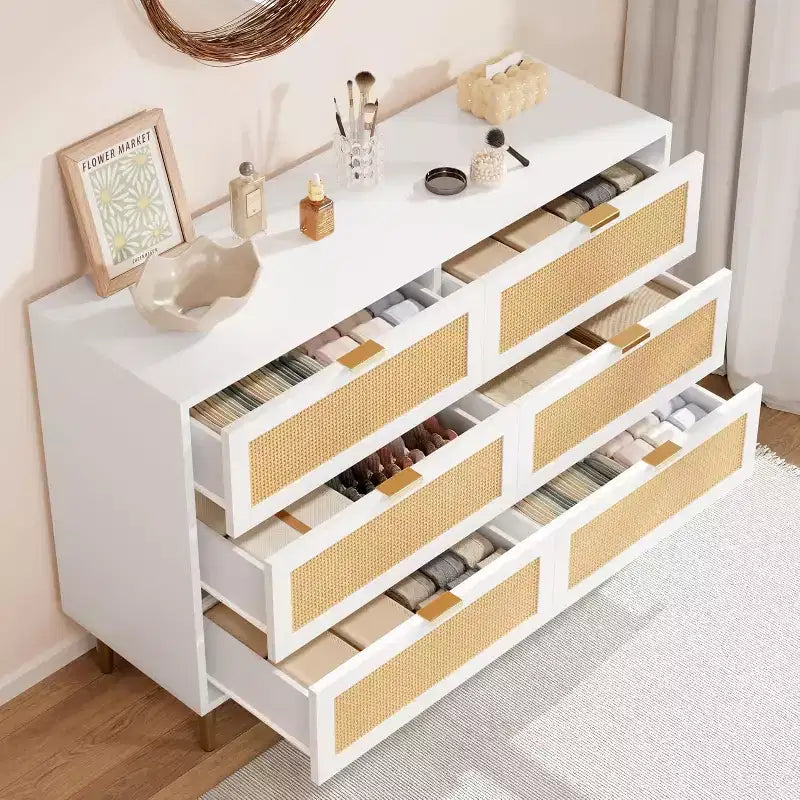 6-Drawer Rattan Dresser with Gold Handles and Metal Legs