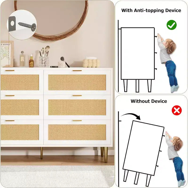 6-Drawer Rattan Dresser with Gold Handles and Metal Legs