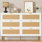 6-Drawer Rattan Dresser with Gold Handles and Metal Legs