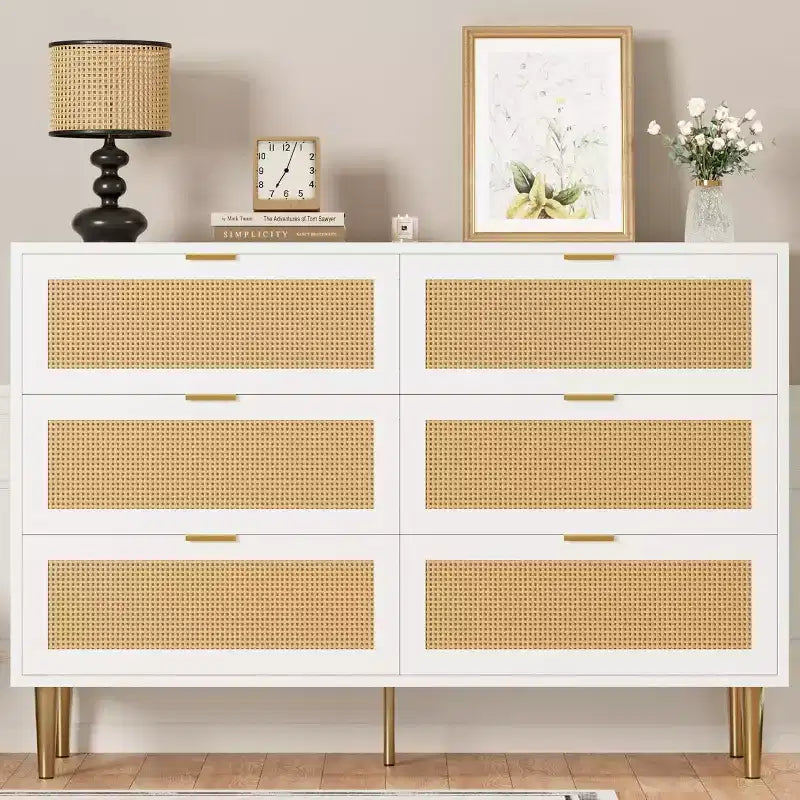 6-Drawer Rattan Dresser with Gold Handles and Metal Legs