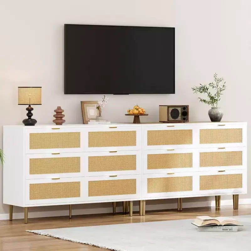 6-Drawer Rattan Dresser with Gold Handles and Metal Legs