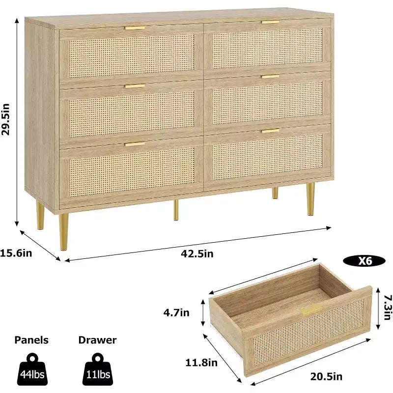 6-Drawer Rattan Dresser with Gold Handles and Metal Legs