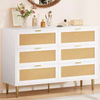 Rattan 6-Drawer Storage Chest with Gold Legs & Handles, Wide Cabinet with Large Tabletop, Anti-Tip, for Bedroom or Living Room