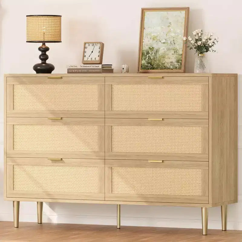 6-Drawer Rattan Dresser with Gold Handles and Metal Legs
