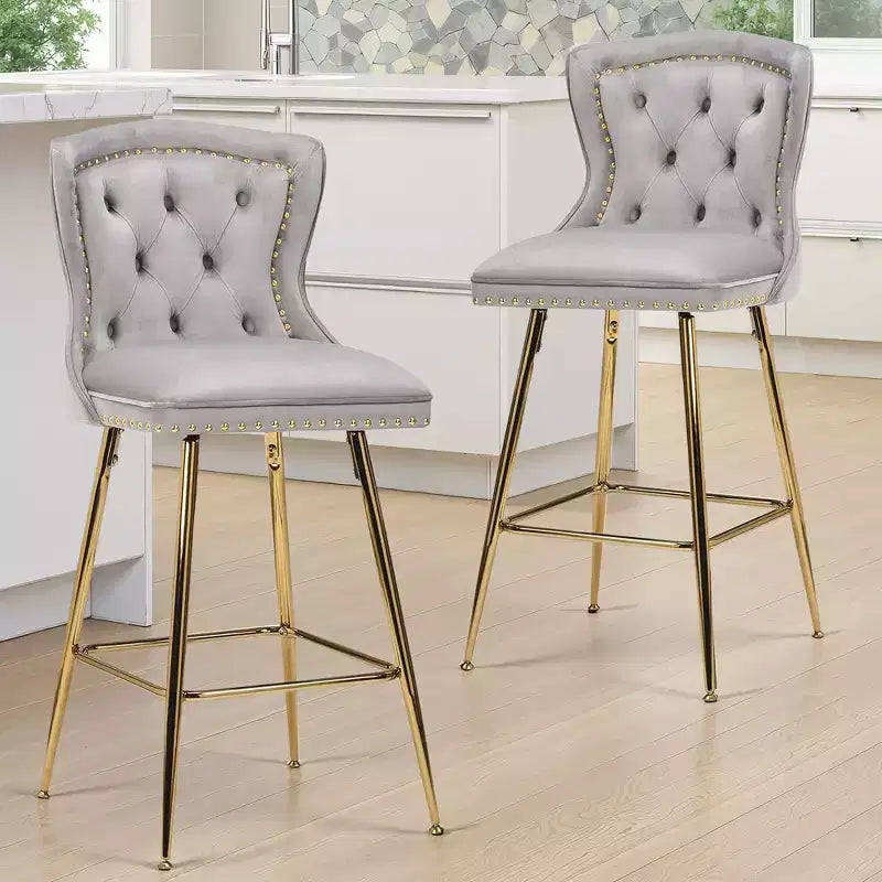 MAYEERTY Gray Velvet Bar Stools Set of 2, Button-Tufted Wing-Back,Metal Legs for Kitchen Island & Pub