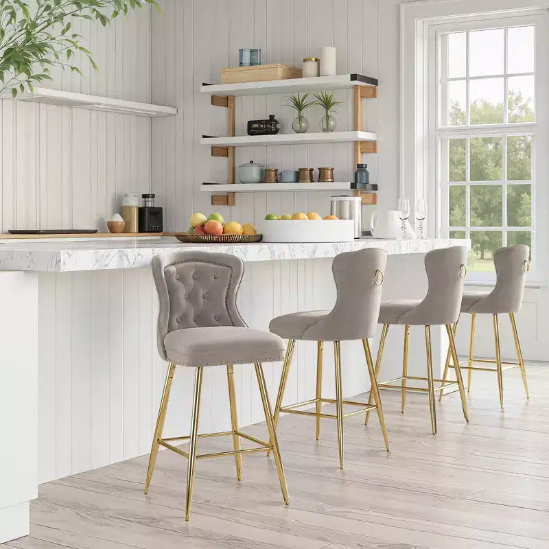 Gray Velvet Bar Stools Set of 2, Button-Tufted Wing-Back with Metal Legs