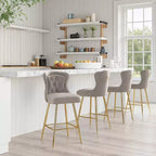 Gray Velvet Bar Stools Set of 2, Button-Tufted Wing-Back with Metal Legs
