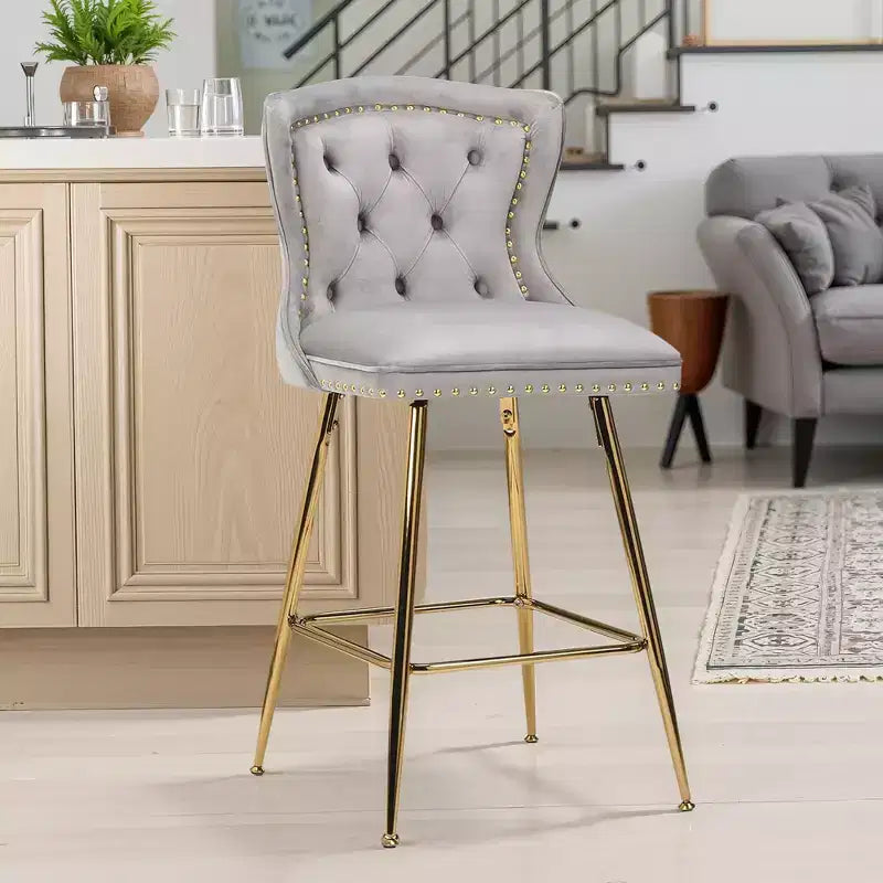 Gray Velvet Bar Stools Set of 2, Button-Tufted Wing-Back with Metal Legs
