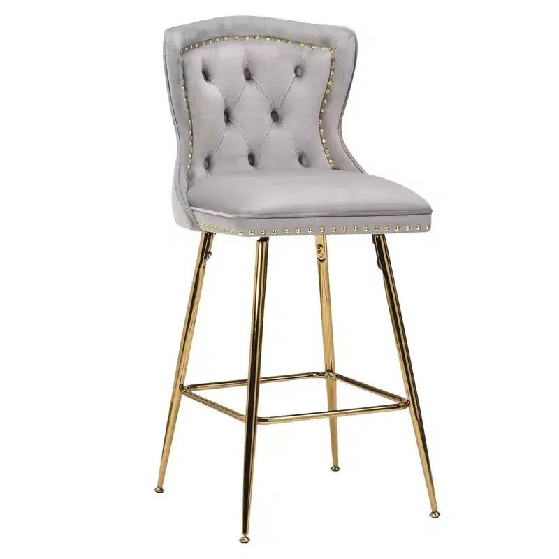Gray Velvet Bar Stools Set of 2, Button-Tufted Wing-Back with Metal Legs