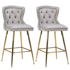 Gray Velvet Bar Stools Set of 2, Button-Tufted Wing-Back with Metal Legs