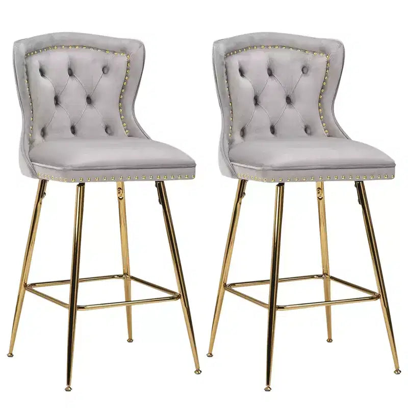 Gray Velvet Bar Stools Set of 2, Button-Tufted Wing-Back with Metal Legs