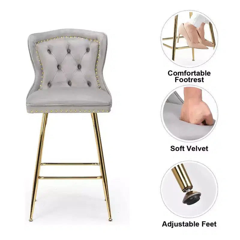 Gray Velvet Bar Stools Set of 2, Button-Tufted Wing-Back with Metal Legs