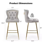 Gray Velvet Bar Stools Set of 2, Button-Tufted Wing-Back with Metal Legs