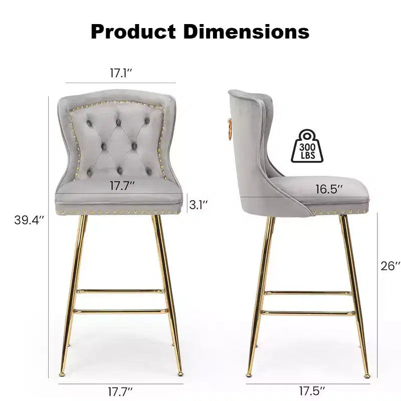 Gray Velvet Bar Stools Set of 2, Button-Tufted Wing-Back with Metal Legs