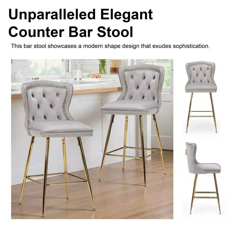Gray Velvet Bar Stools Set of 2, Button-Tufted Wing-Back with Metal Legs