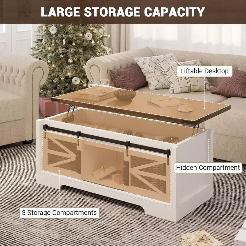 47-Inch Lift Top Coffee Table with Storage and Sliding Barn Doors