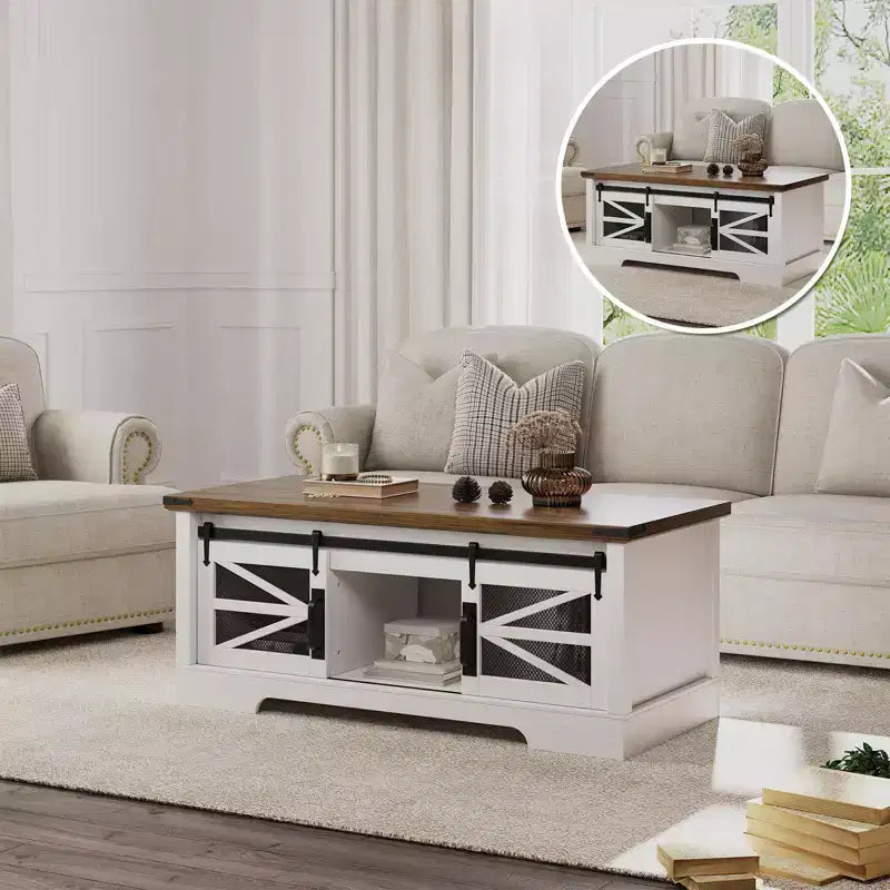 47-Inch Lift Top Coffee Table with Storage and Sliding Barn Doors