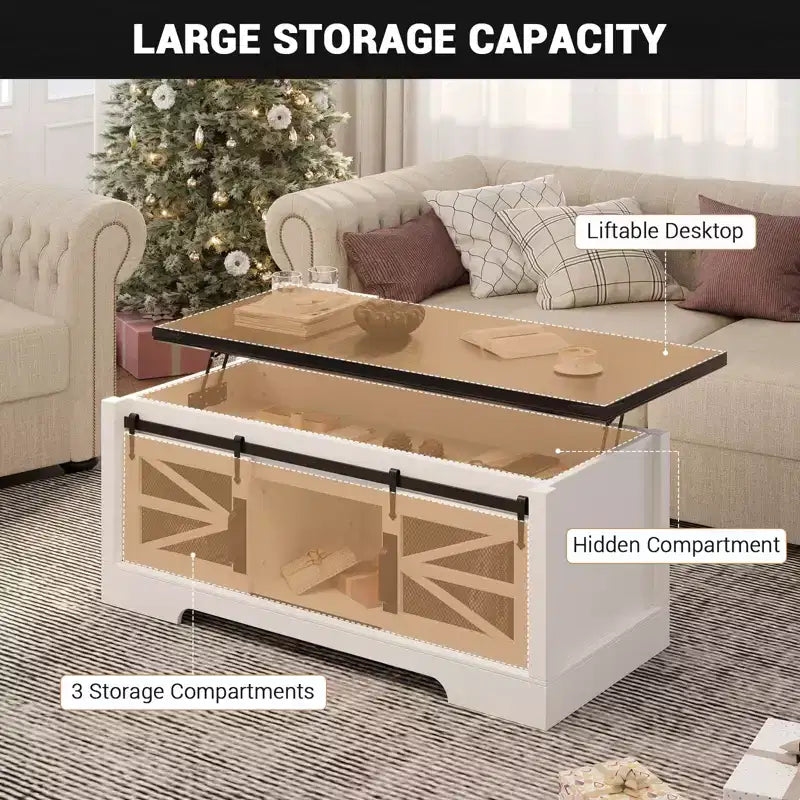 47-Inch Lift Top Coffee Table with Storage and Sliding Barn Doors