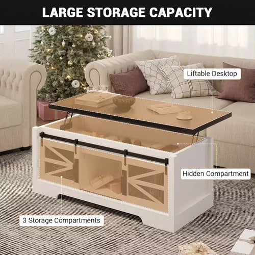 47-Inch Lift Top Coffee Table with Storage and Sliding Barn Doors