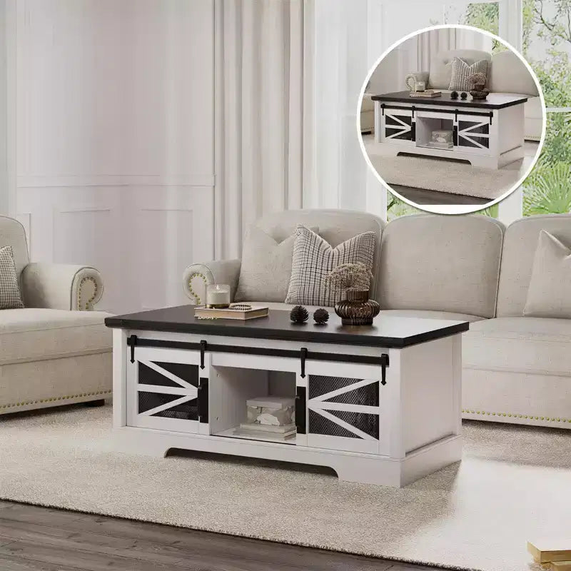 47-Inch Lift Top Coffee Table with Storage and Sliding Barn Doors