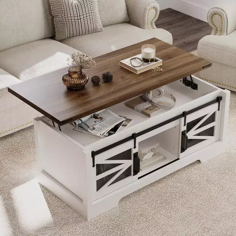 47-Inch Lift Top Coffee Table with Storage and Sliding Barn Doors