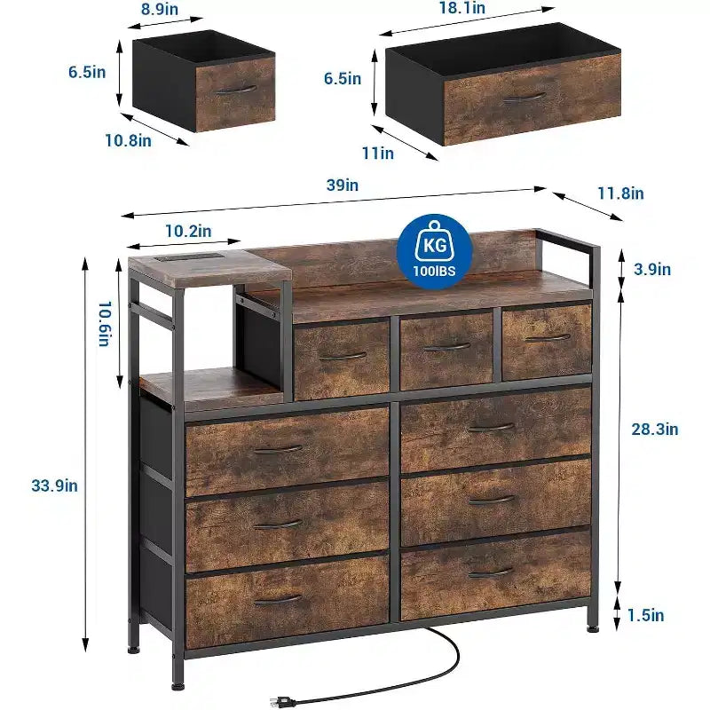 9-Drawer Storage Dresser with Charging Station