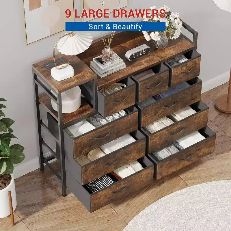 9-Drawer Storage Dresser with Charging Station