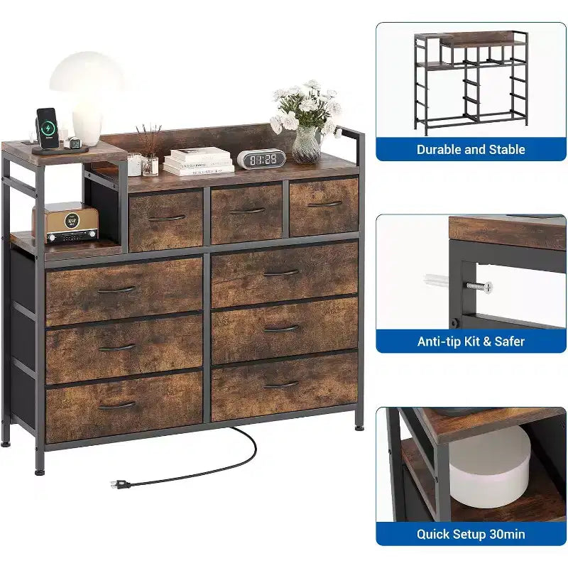 9-Drawer Storage Dresser with Charging Station