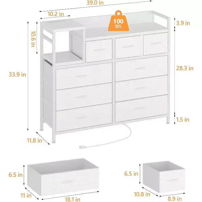 9-Drawer Storage Dresser with Charging Station
