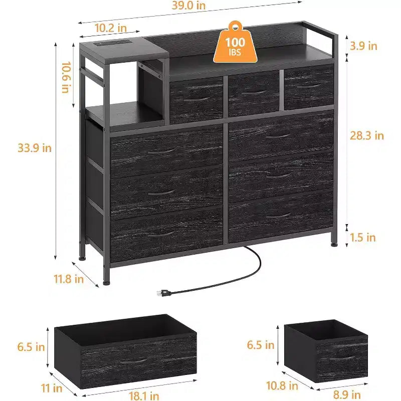 9-Drawer Storage Dresser with Charging Station